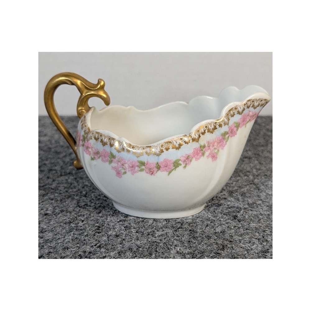 Limoges France Delinieres & Cie D&C Porcelain Creamer Pink Floral Gold Trim 6oz